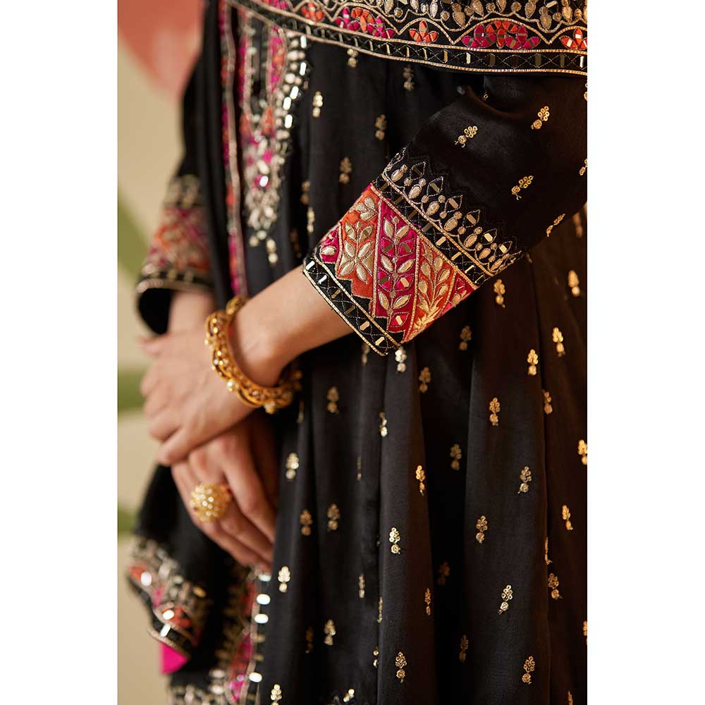 ANGAD SINGH Black Satin Silk Anarkali Kurta with Pant & Dupatta (Set of 3)