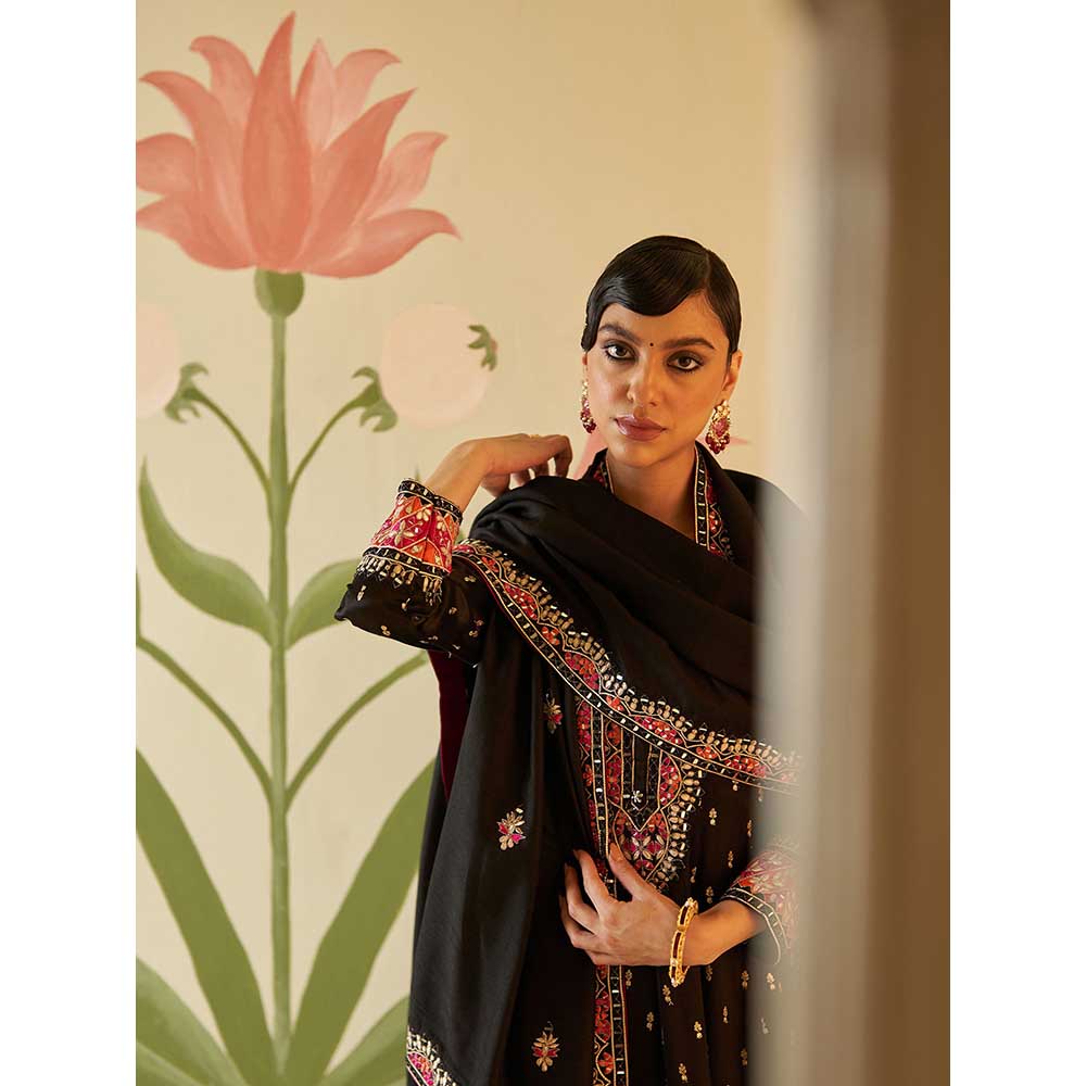 ANGAD SINGH Black Satin Silk Anarkali Kurta with Pant & Dupatta (Set of 3)