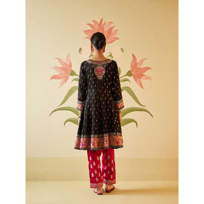 ANGAD SINGH Black Satin Silk Anarkali Kurta with Pant & Dupatta (Set of 3)