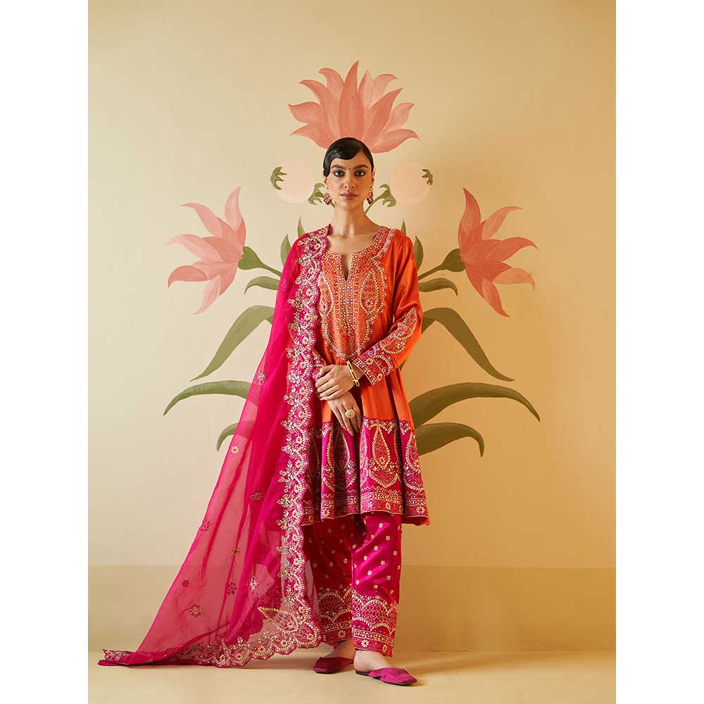 ANGAD SINGH Orange Satin Silk Anarkali Kurta with Pant & Dupatta (Set of 3)