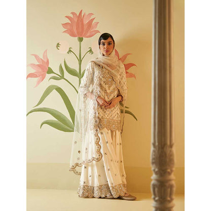 ANGAD SINGH Ivory Mirror Work Silk Sharara with Kurti & Dupatta (Set of 3)