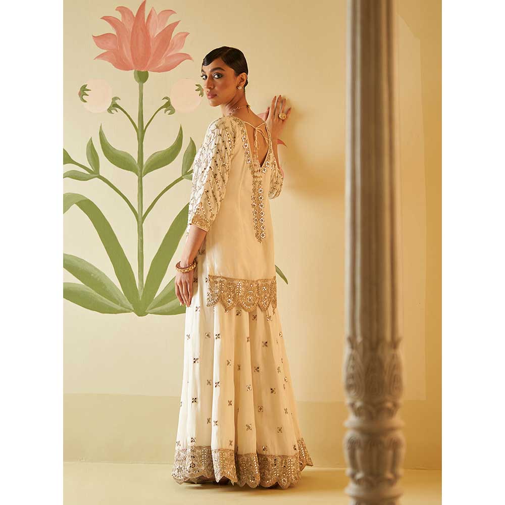 ANGAD SINGH Ivory Mirror Work Silk Sharara with Kurti & Dupatta (Set of 3)