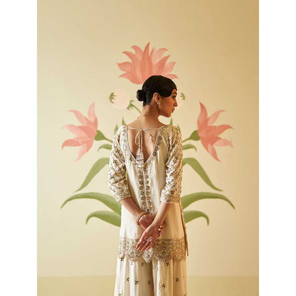 ANGAD SINGH Ivory Mirror Work Silk Sharara with Kurti & Dupatta (Set of 3)