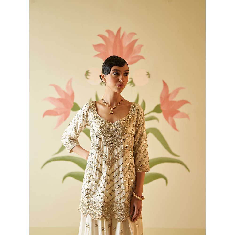 ANGAD SINGH Ivory Mirror Work Silk Sharara with Kurti & Dupatta (Set of 3)