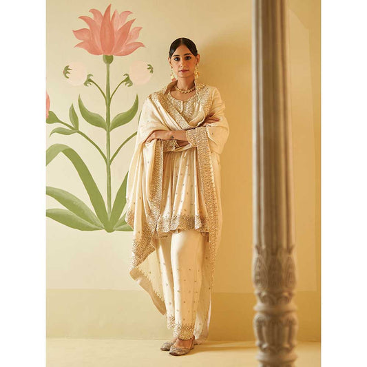 ANGAD SINGH Ivory Chanderi Silk Anarkali Kurta with Pant & Dupatta (Set of 3)