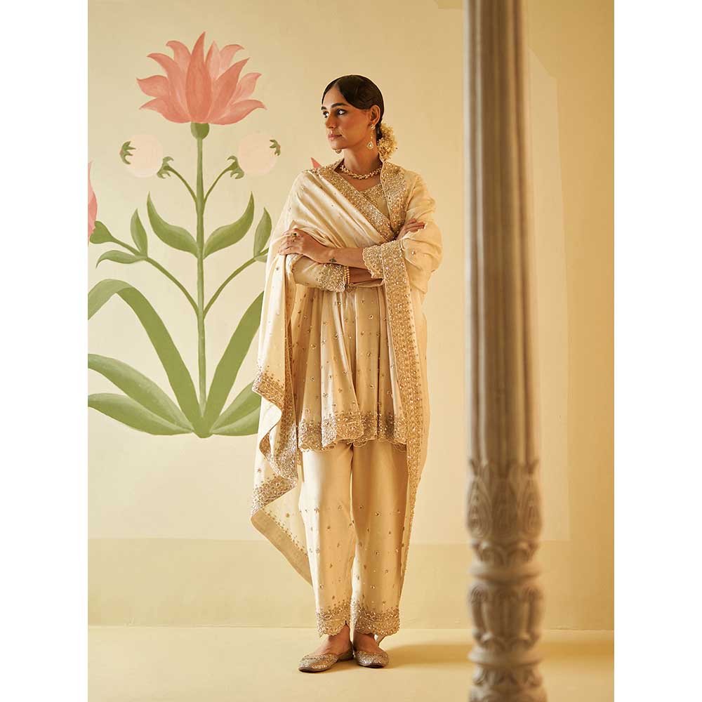 ANGAD SINGH Ivory Chanderi Silk Anarkali Kurta with Pant & Dupatta (Set of 3)