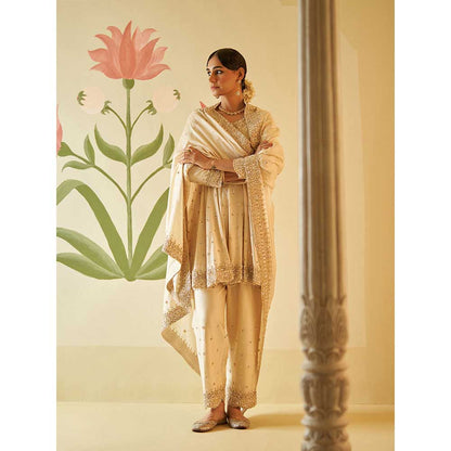 ANGAD SINGH Ivory Chanderi Silk Anarkali Kurta with Pant & Dupatta (Set of 3)