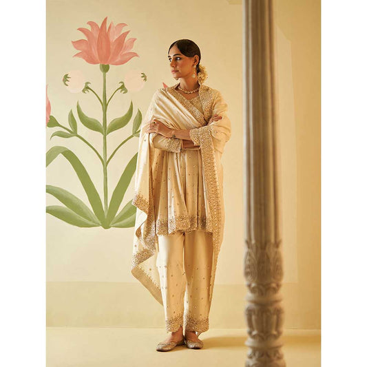 ANGAD SINGH Ivory Chanderi Silk Anarkali Kurta with Pant & Dupatta (Set of 3)