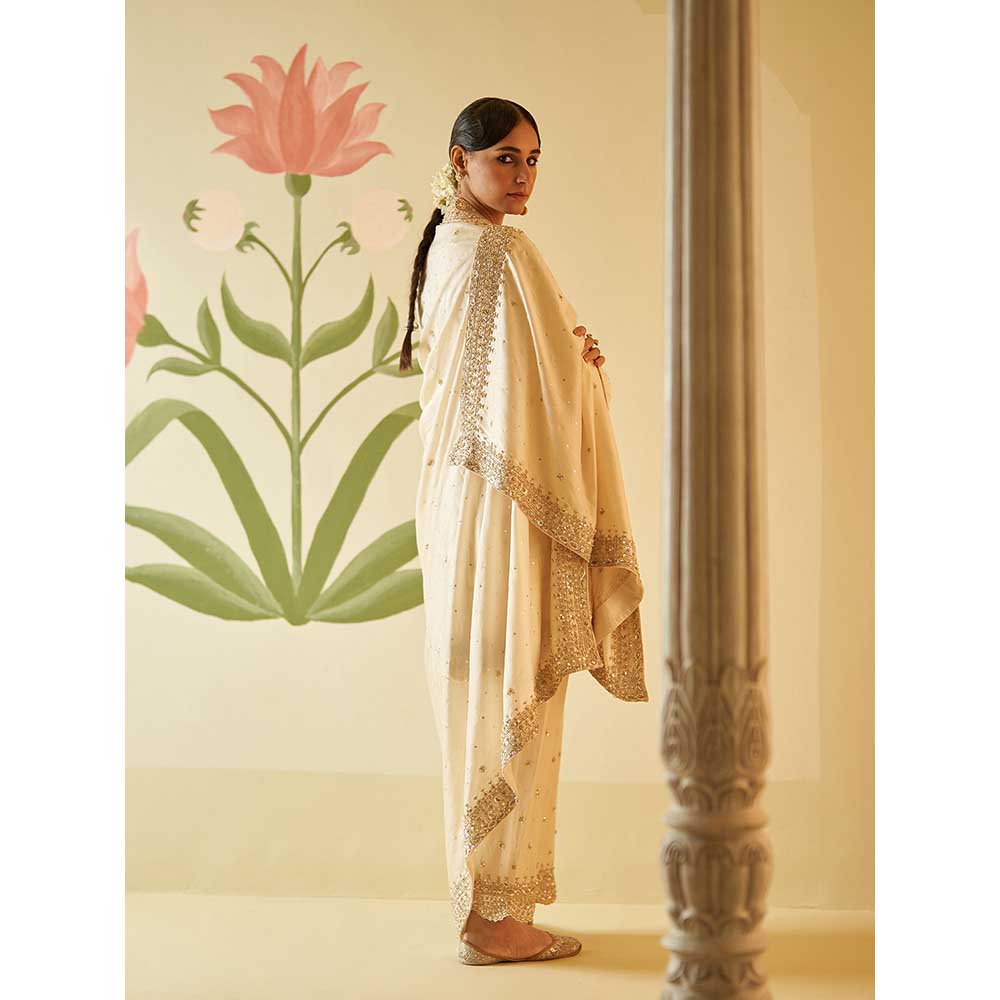 ANGAD SINGH Ivory Chanderi Silk Anarkali Kurta with Pant & Dupatta (Set of 3)