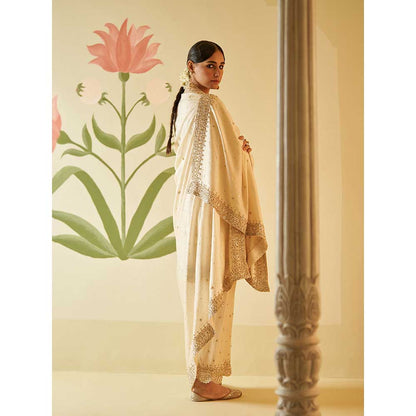 ANGAD SINGH Ivory Chanderi Silk Anarkali Kurta with Pant & Dupatta (Set of 3)