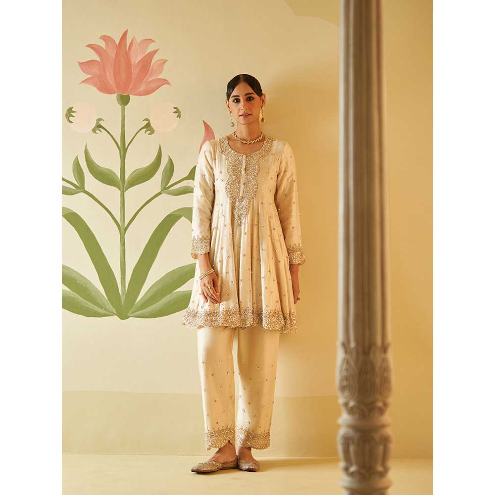 ANGAD SINGH Ivory Chanderi Silk Anarkali Kurta with Pant & Dupatta (Set of 3)