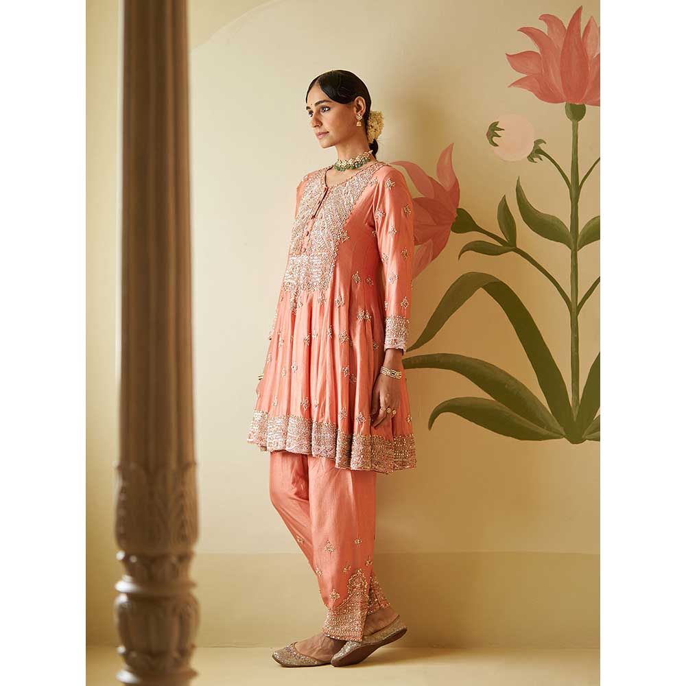 ANGAD SINGH Salmon Chanderi Silk Anarkali Kurta with Pant & Dupatta (Set of 3)