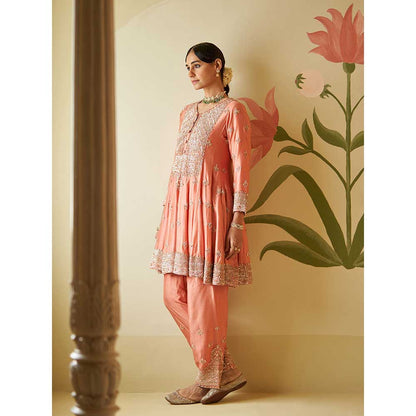 ANGAD SINGH Salmon Chanderi Silk Anarkali Kurta with Pant & Dupatta (Set of 3)