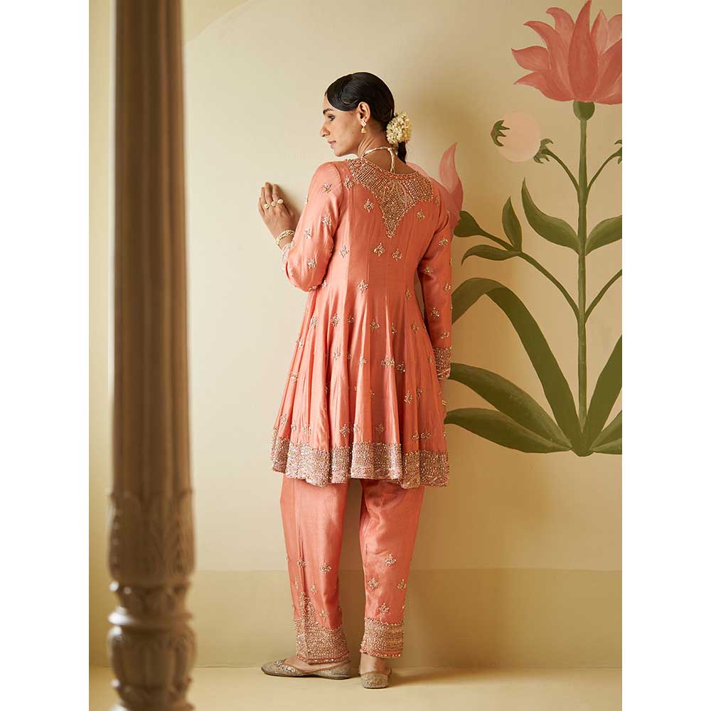 ANGAD SINGH Salmon Chanderi Silk Anarkali Kurta with Pant & Dupatta (Set of 3)