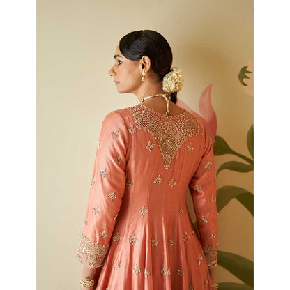 ANGAD SINGH Salmon Chanderi Silk Anarkali Kurta with Pant & Dupatta (Set of 3)