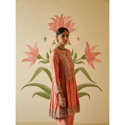 ANGAD SINGH Salmon Chanderi Silk Anarkali Kurta with Pant & Dupatta (Set of 3)