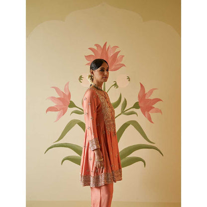 ANGAD SINGH Salmon Chanderi Silk Anarkali Kurta with Pant & Dupatta (Set of 3)