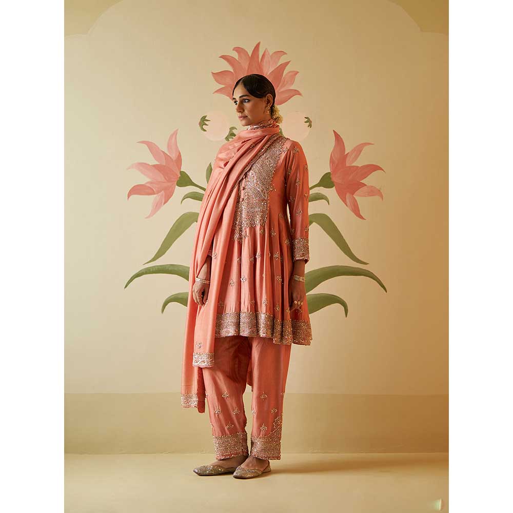 ANGAD SINGH Salmon Chanderi Silk Anarkali Kurta with Pant & Dupatta (Set of 3)