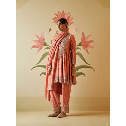 ANGAD SINGH Salmon Chanderi Silk Anarkali Kurta with Pant & Dupatta (Set of 3)