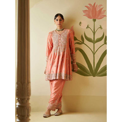 ANGAD SINGH Salmon Chanderi Silk Anarkali Kurta with Pant & Dupatta (Set of 3)