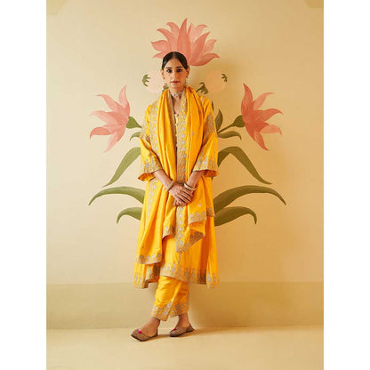ANGAD SINGH Yellow Chanderi Silk Kurta with Pant & Dupatta (Set of 3)
