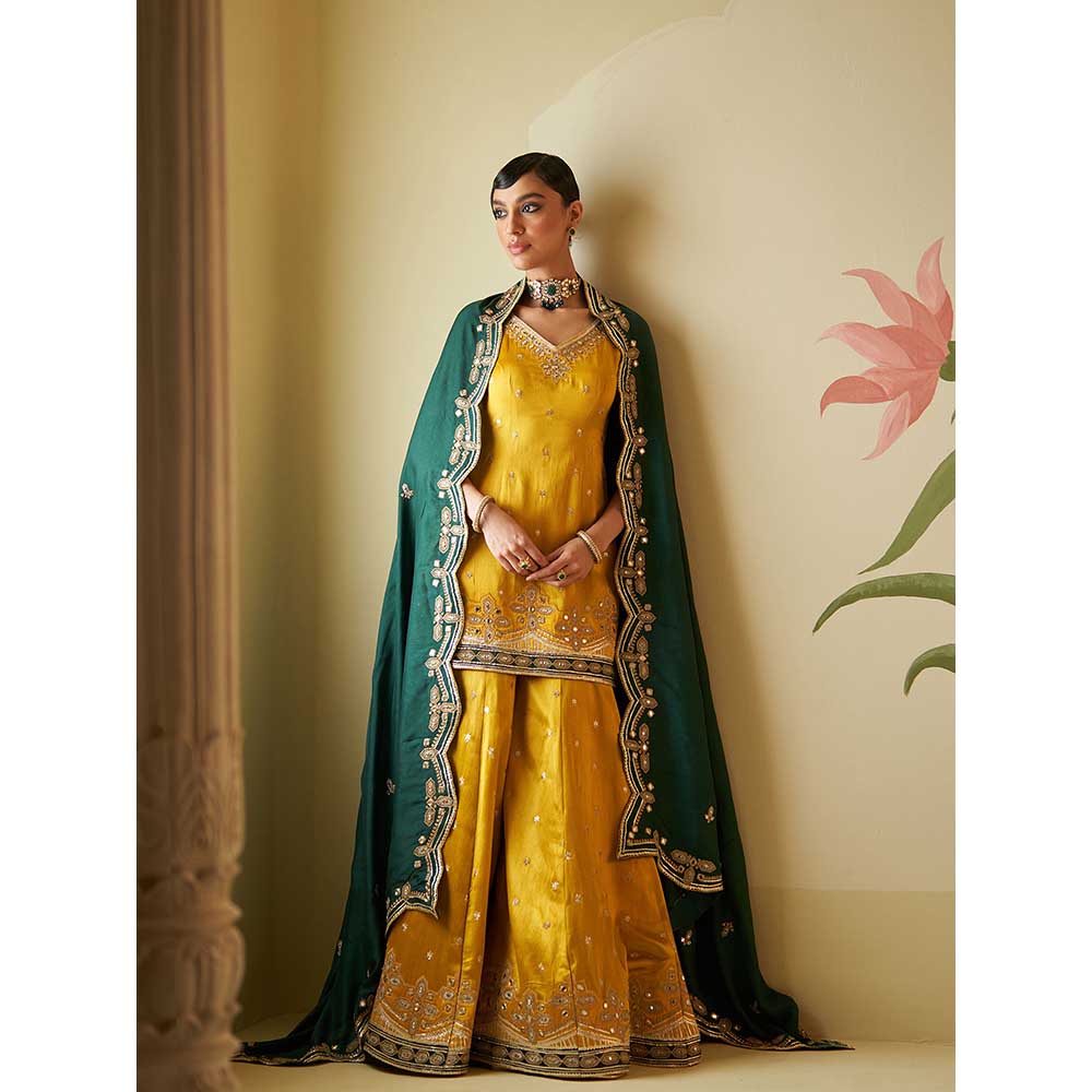 ANGAD SINGH Mustard Satin Sharara with Kurti & Dupatta (Set of 3)