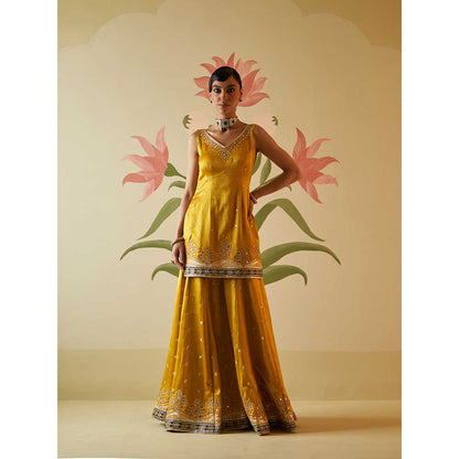 ANGAD SINGH Mustard Satin Sharara with Kurti & Dupatta (Set of 3)