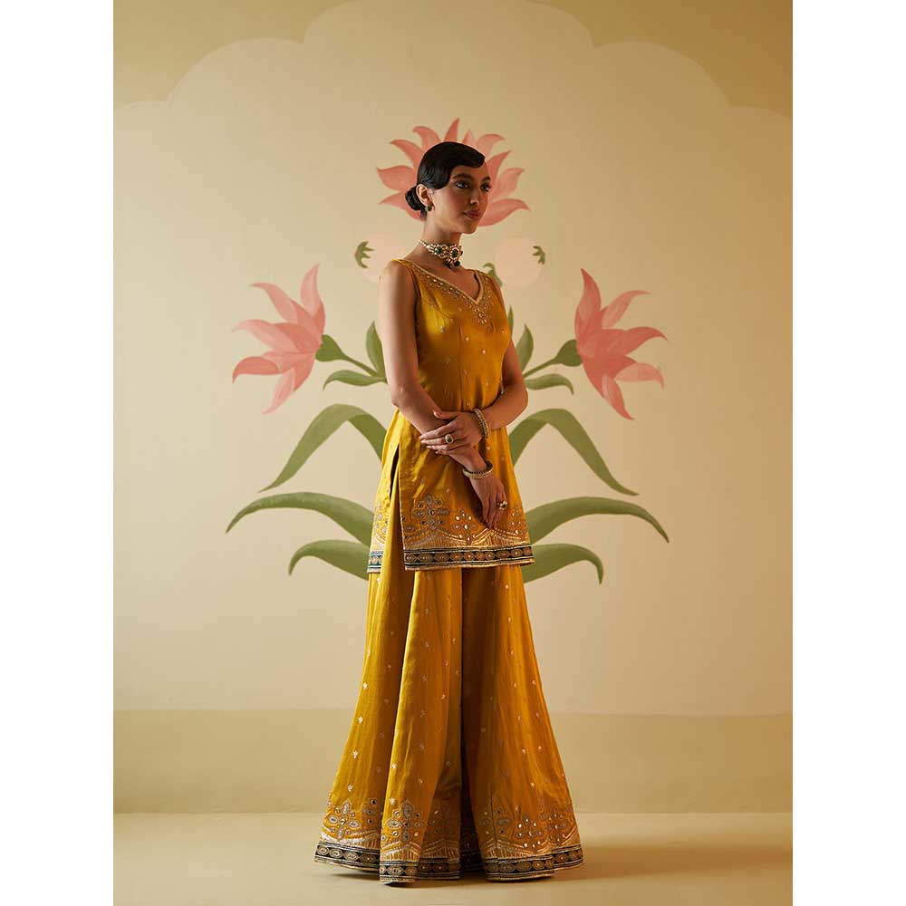 ANGAD SINGH Mustard Satin Sharara with Kurti & Dupatta (Set of 3)