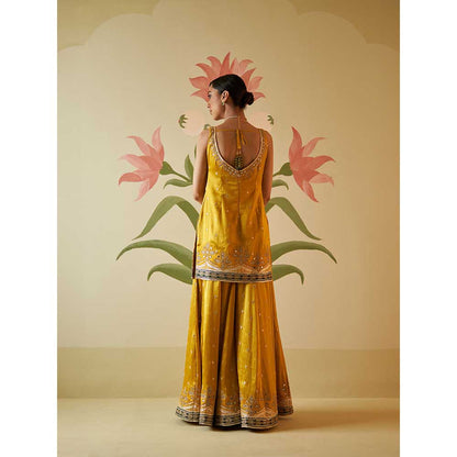 ANGAD SINGH Mustard Satin Sharara with Kurti & Dupatta (Set of 3)