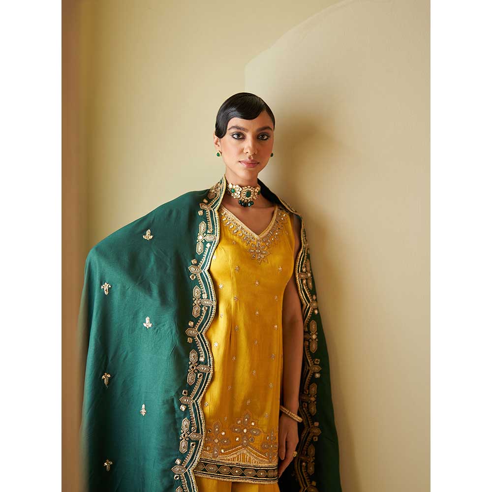 ANGAD SINGH Mustard Satin Sharara with Kurti & Dupatta (Set of 3)