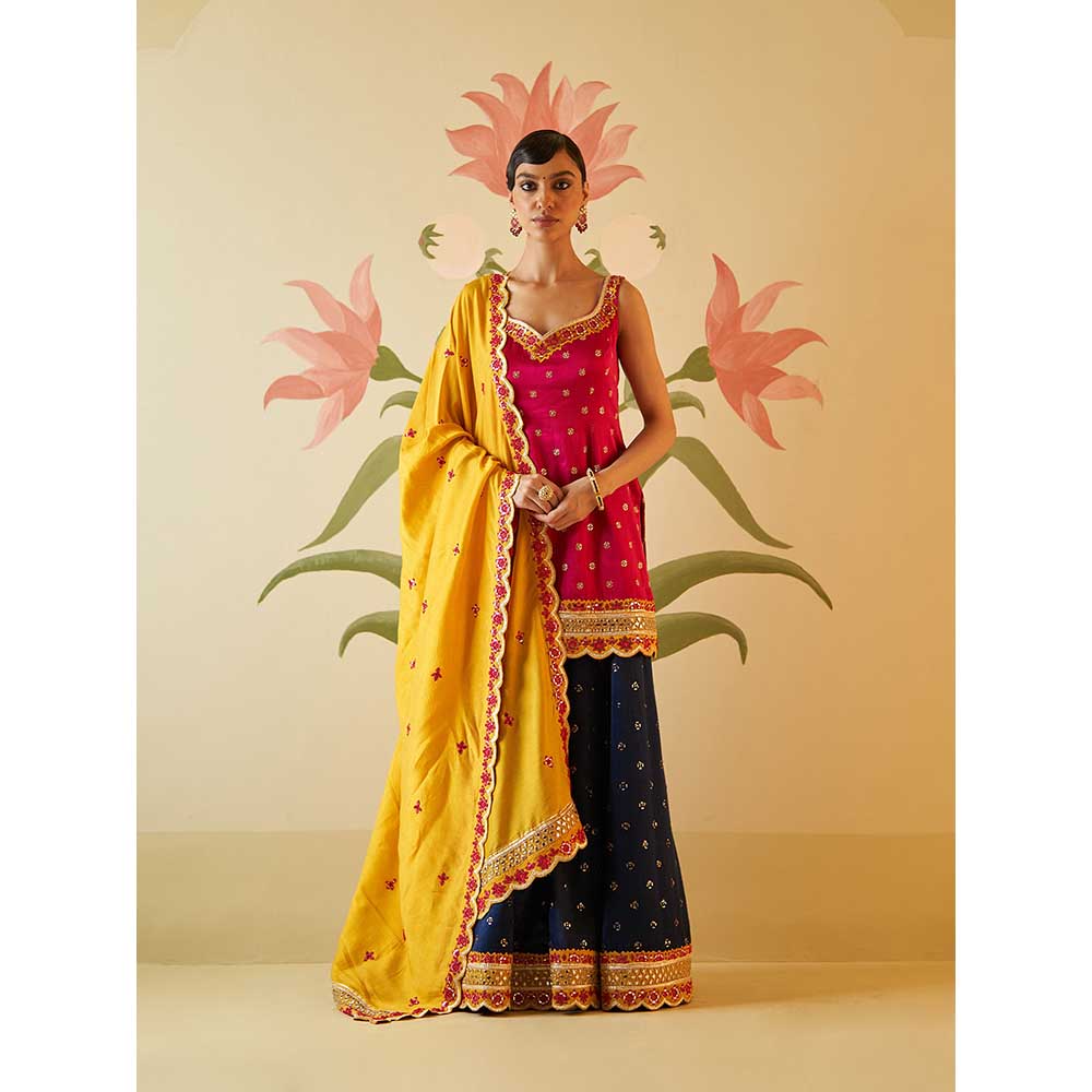 ANGAD SINGH Navy Blue Satin Sharara with Kurti & Dupatta (Set of 3)