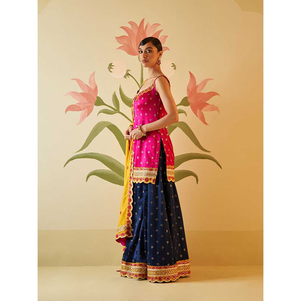 ANGAD SINGH Navy Blue Satin Sharara with Kurti & Dupatta (Set of 3)