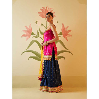 ANGAD SINGH Navy Blue Satin Sharara with Kurti & Dupatta (Set of 3)