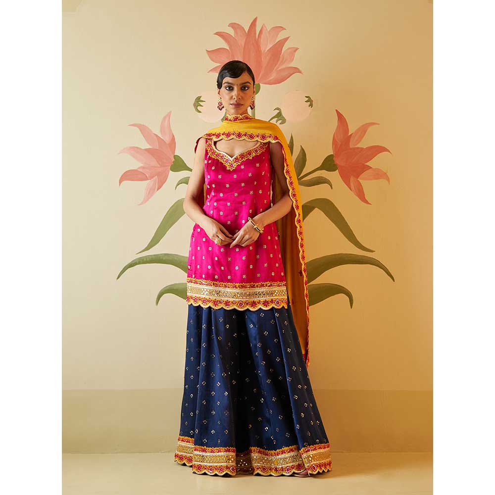 ANGAD SINGH Navy Blue Satin Sharara with Kurti & Dupatta (Set of 3)