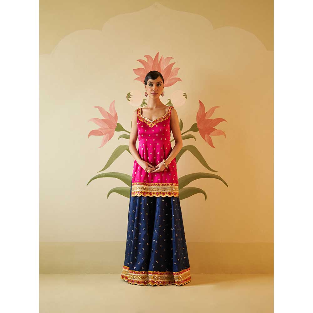 ANGAD SINGH Navy Blue Satin Sharara with Kurti & Dupatta (Set of 3)