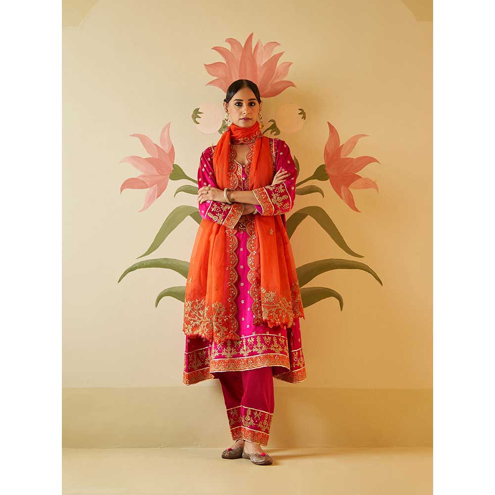 ANGAD SINGH Rani Satin Kurta with Pant & Dupatta (Set of 3)