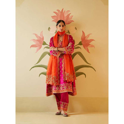 ANGAD SINGH Rani Satin Kurta with Pant & Dupatta (Set of 3)