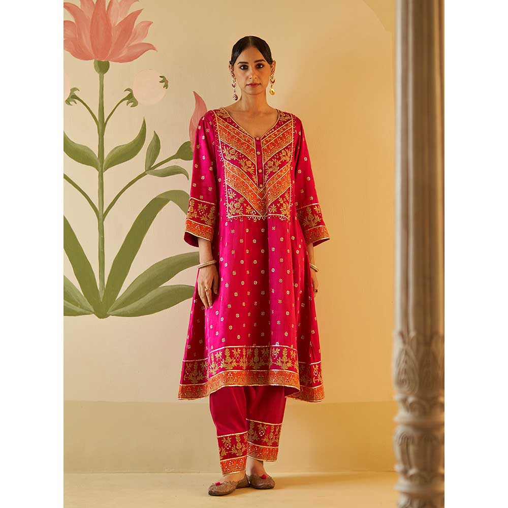 ANGAD SINGH Rani Satin Kurta with Pant & Dupatta (Set of 3)