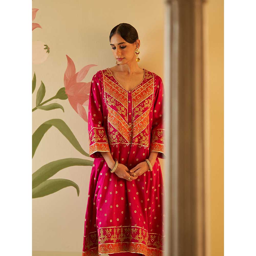 ANGAD SINGH Rani Satin Kurta with Pant & Dupatta (Set of 3)