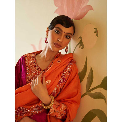 ANGAD SINGH Rani Satin Kurta with Pant & Dupatta (Set of 3)