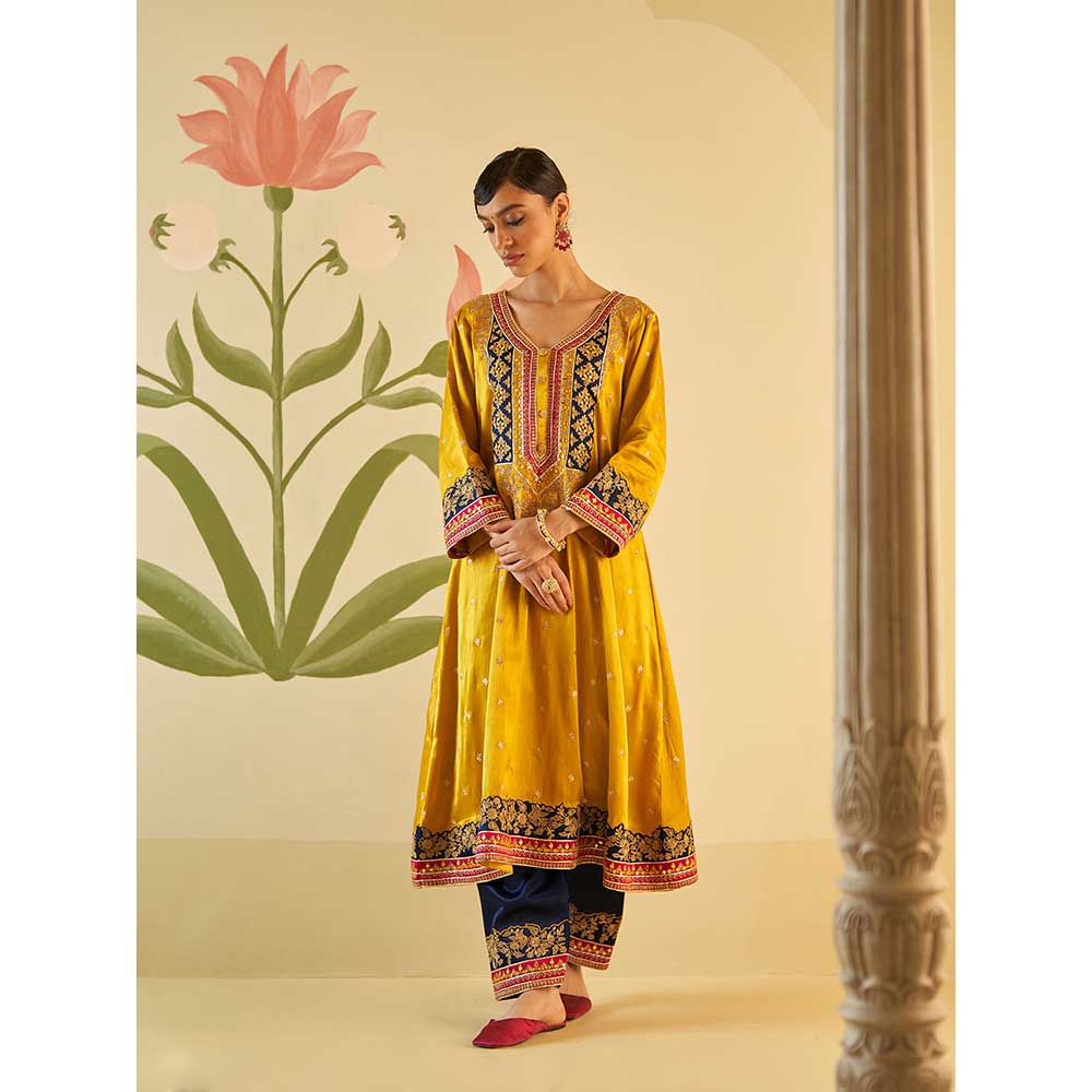 ANGAD SINGH Mustard Satin Kurta with Pant & Dupatta (Set of 3)