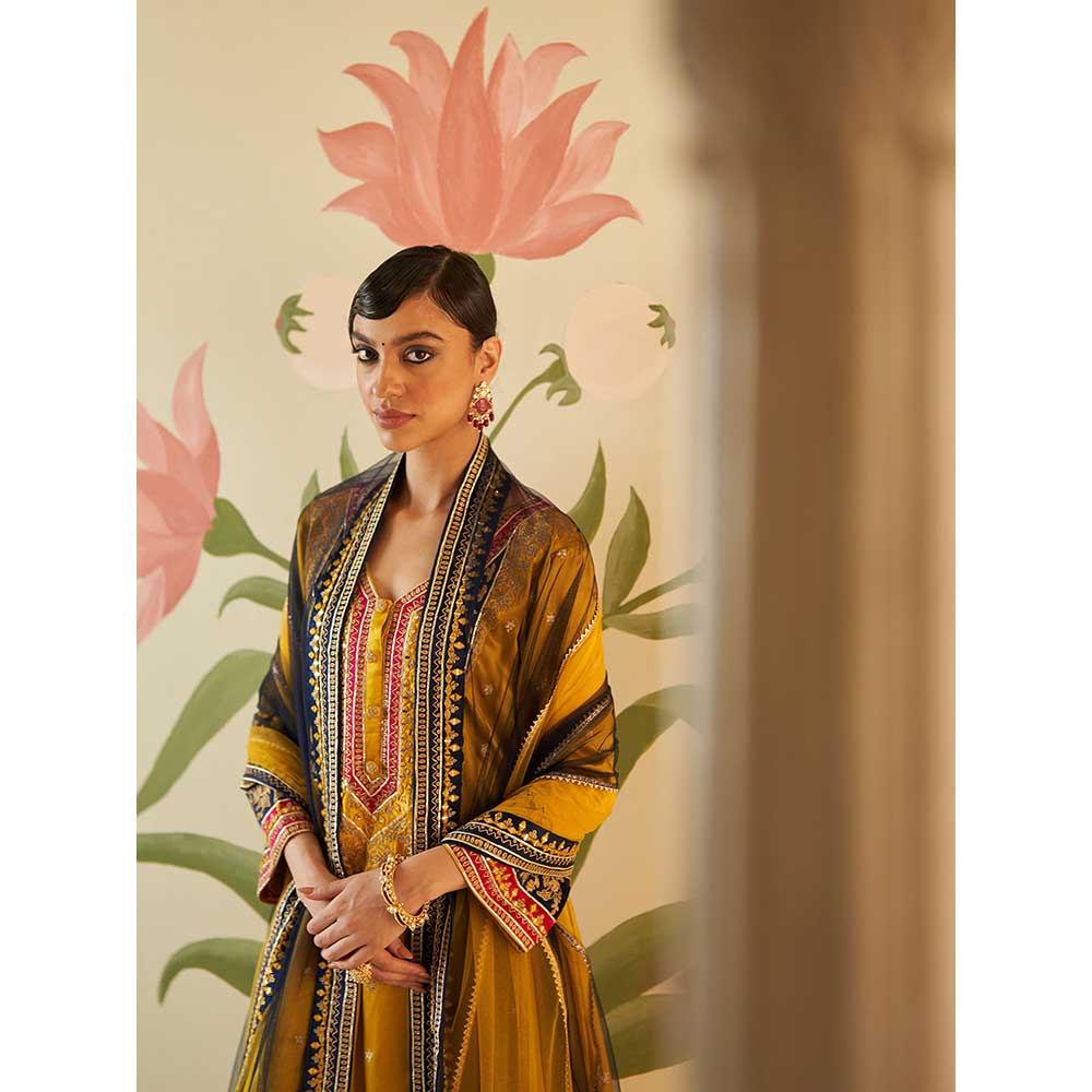 ANGAD SINGH Mustard Satin Kurta with Pant & Dupatta (Set of 3)