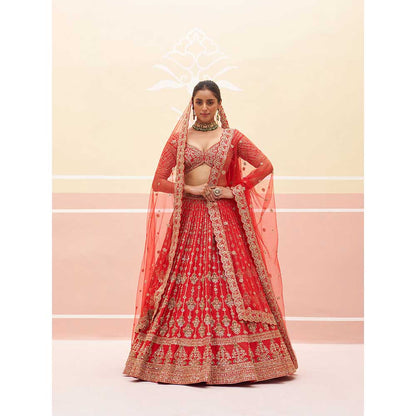 ANGAD SINGH Red Raw Silk Lehnga with Blouse & Dupatta (Set of 3)