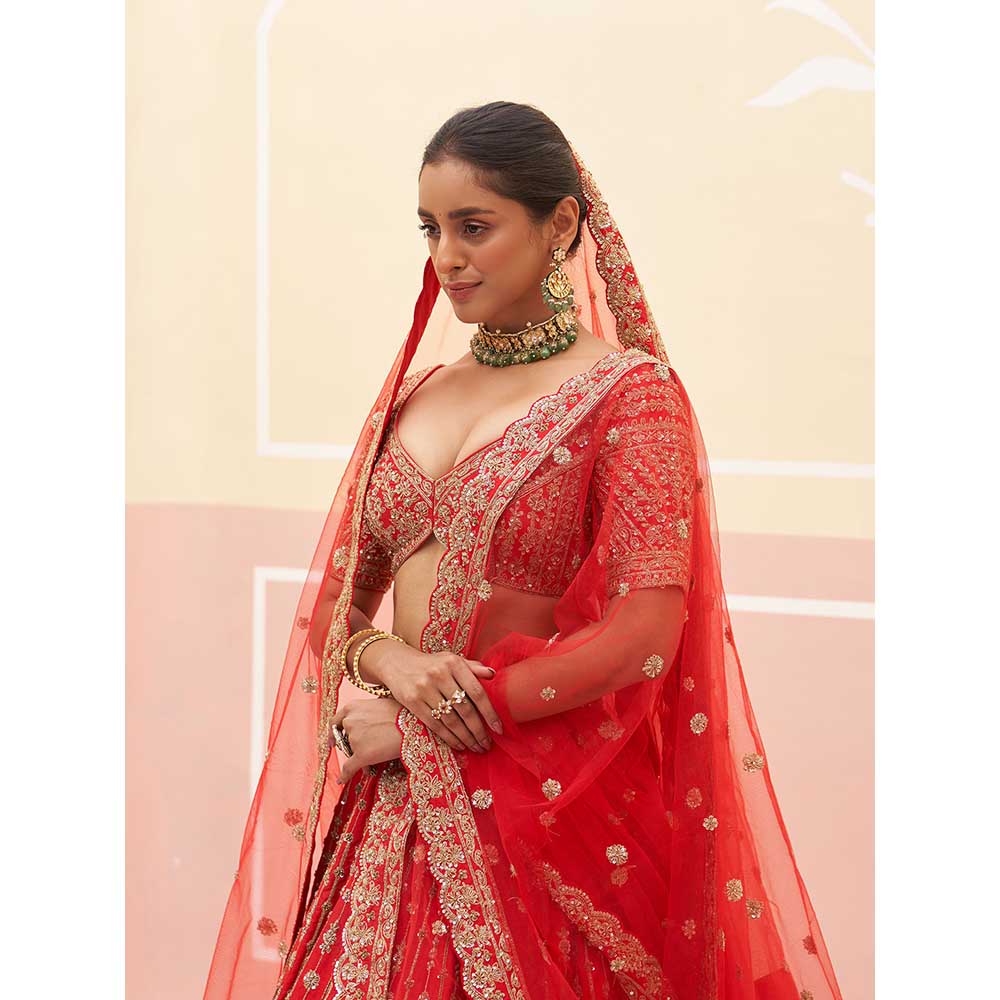 ANGAD SINGH Red Raw Silk Lehnga with Blouse & Dupatta (Set of 3)