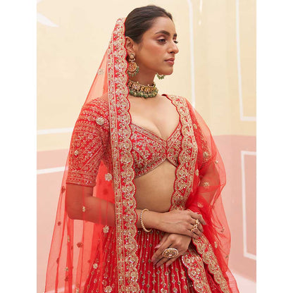 ANGAD SINGH Red Raw Silk Lehnga with Blouse & Dupatta (Set of 3)