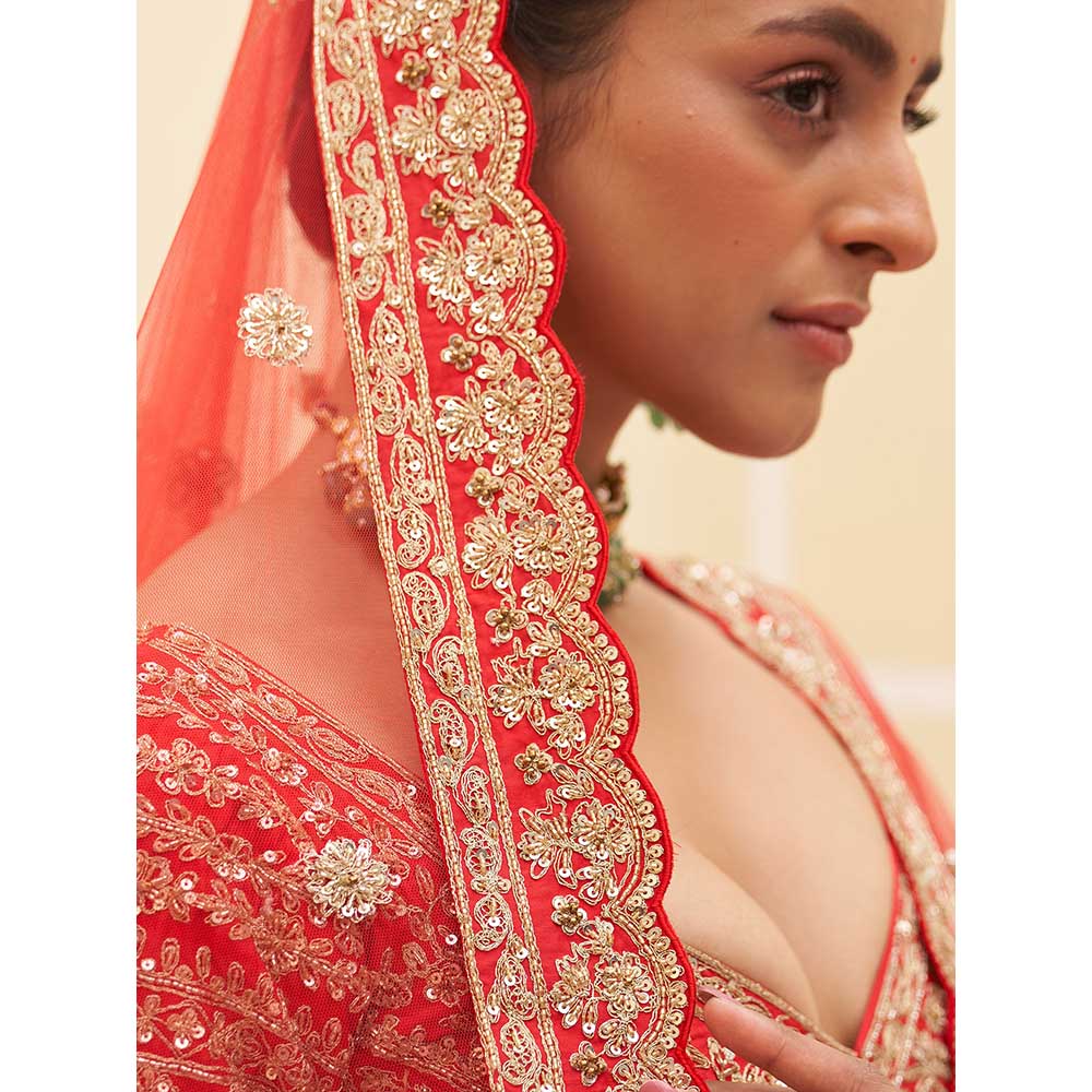 ANGAD SINGH Red Raw Silk Lehnga with Blouse & Dupatta (Set of 3)