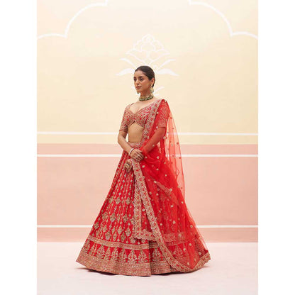 ANGAD SINGH Red Raw Silk Lehnga with Blouse & Dupatta (Set of 3)