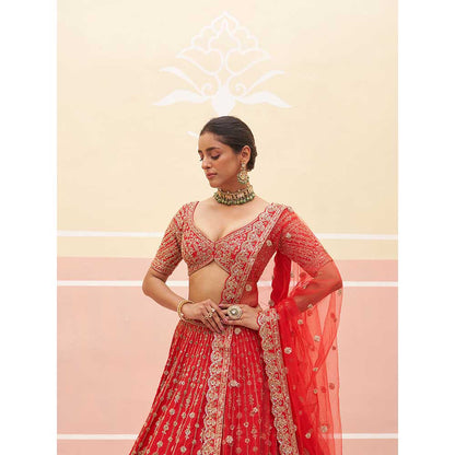 ANGAD SINGH Red Raw Silk Lehnga with Blouse & Dupatta (Set of 3)