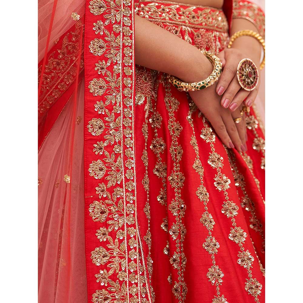 ANGAD SINGH Red Raw Silk Lehnga with Blouse & Dupatta (Set of 3)
