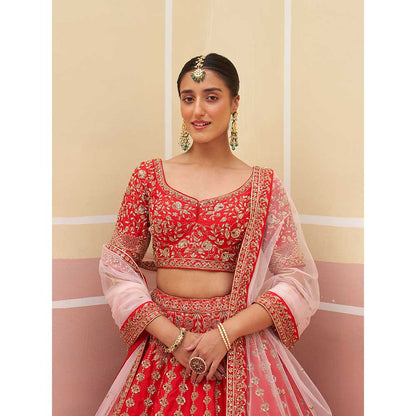 ANGAD SINGH Red Raw Silk Lehnga with Blouse & Dupatta (Set of 3)